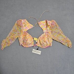 For Love & Lemons Floral Pleated Sheer Sleeve Crop Top Blouse Pink Yellow M NWT